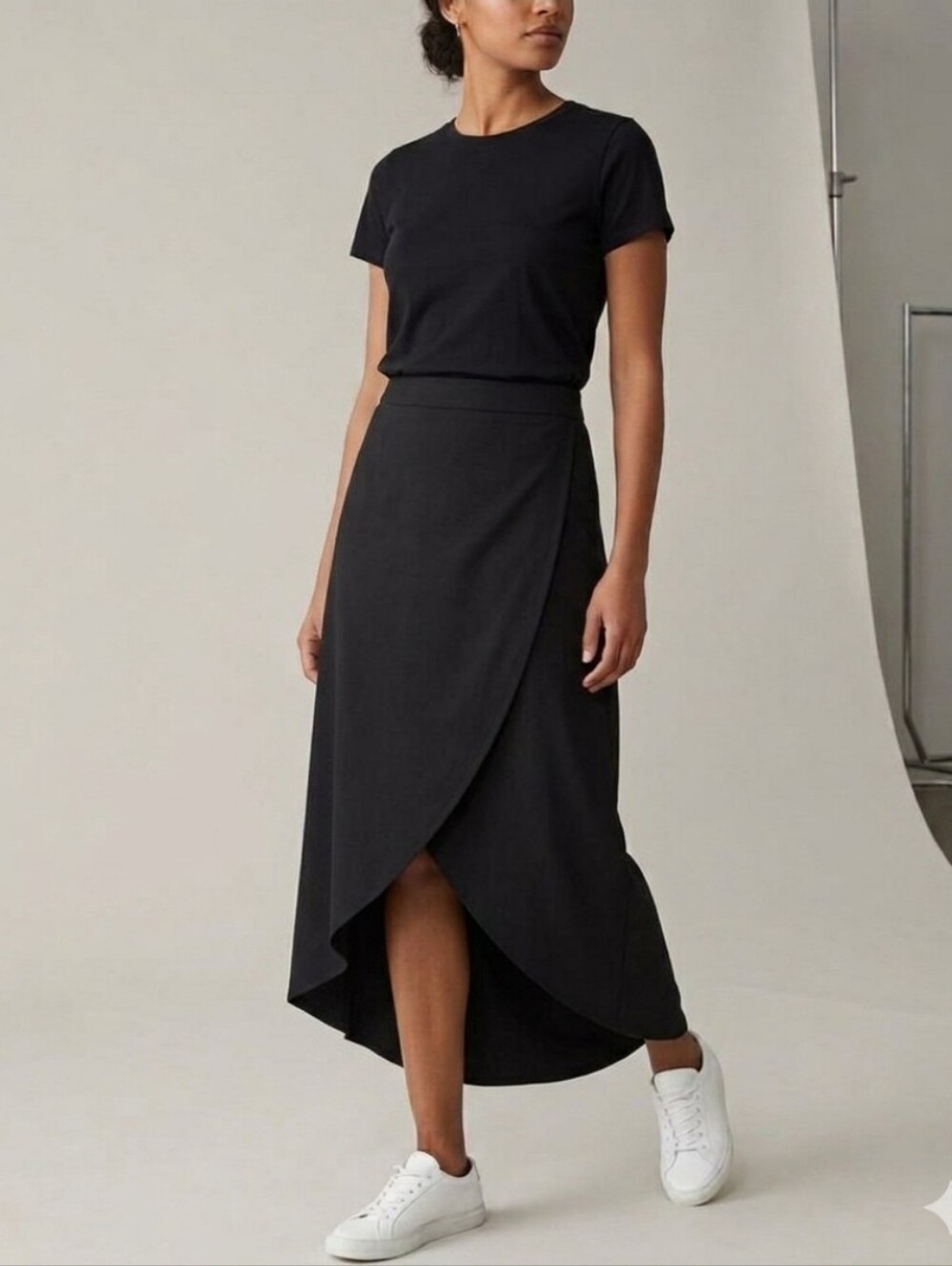 Chicos Travelers Slinky Acetate Knit Faux Wrap Skirt Black 3 XL 16 Pull On